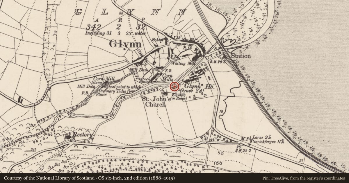 Ordnance Survey six-inch map, 2nd edition (1888–1915) covering the location of St John’s Graveyard, Glynn, Mid and East Antrim, with a pin at the register's coordinates