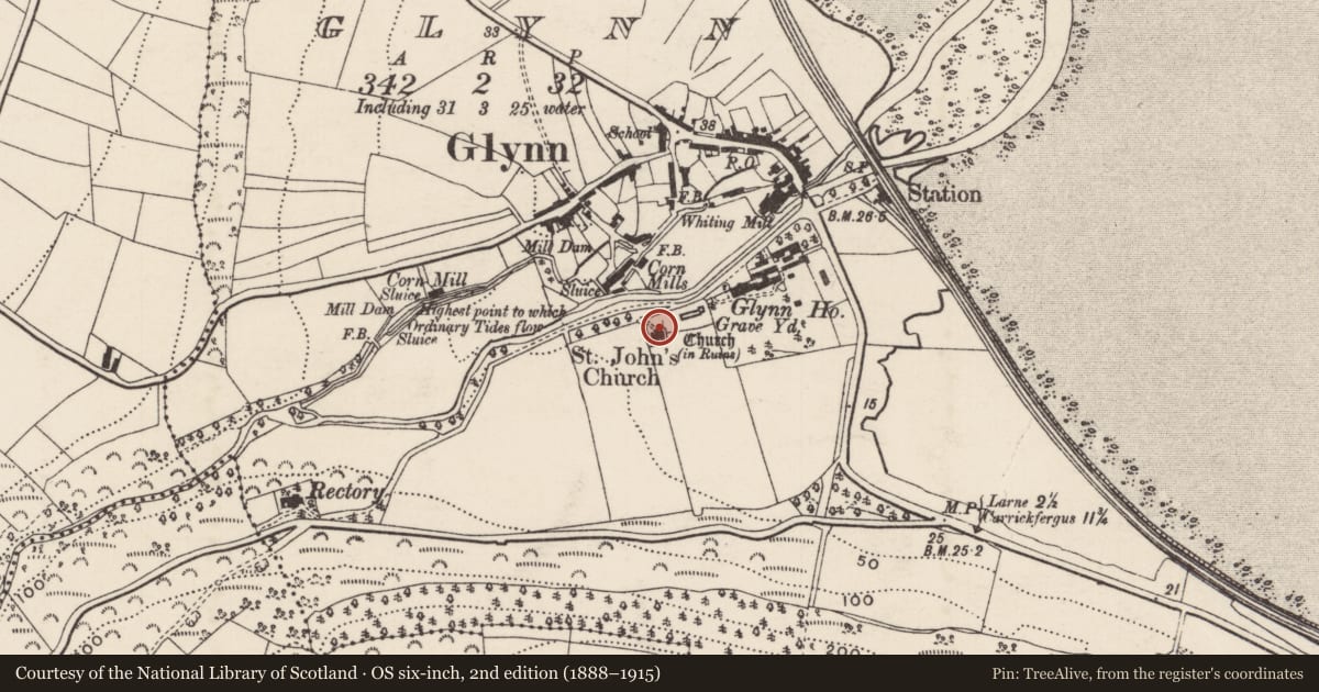 Ordnance Survey six-inch map, 2nd edition (1888–1915) covering the location of St John’s C of I Church, Glynn, Mid and East Antrim, with a pin at the register's coordinates