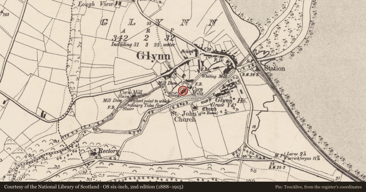 Ordnance Survey six-inch map, 2nd edition (1888–1915) covering the location of Corn Mills, on opposite side of river from St John's C of I Church, Glynn, Mid and East Antrim, with a pin at the register's coordinates