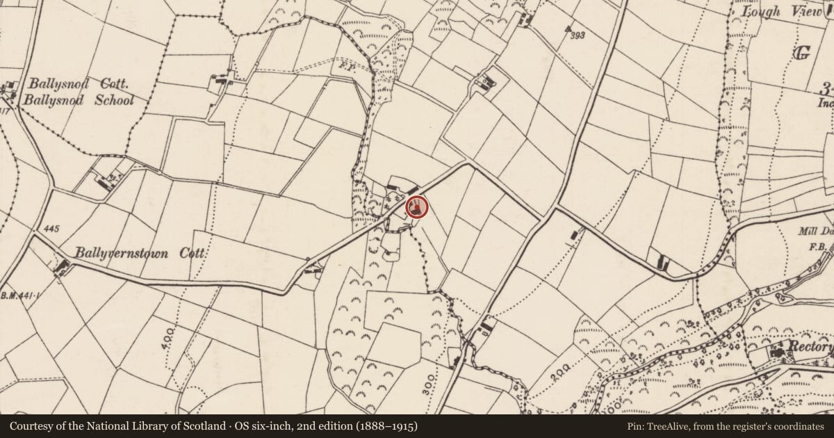 Ordnance Survey six-inch map, 2nd edition (1888–1915) covering the location of Old house at 21 Carnduff Road, Mid and East Antrim, with a pin at the register's coordinates
