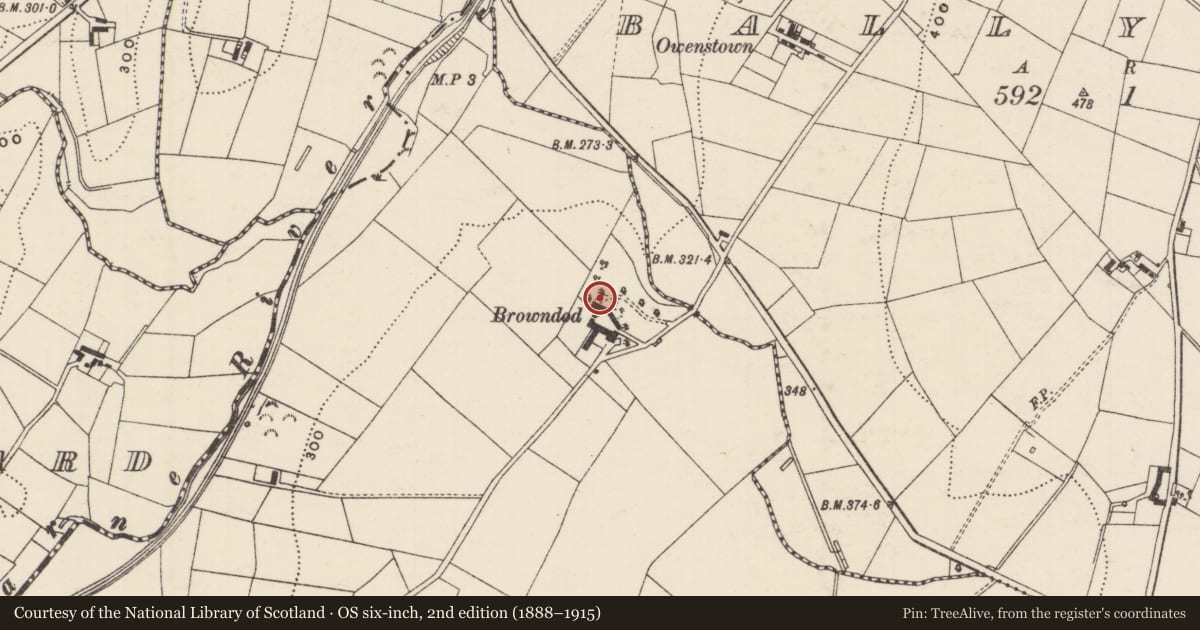 Ordnance Survey six-inch map, 2nd edition (1888–1915) covering the location of Browndod, Mid and East Antrim, with a pin at the register's coordinates