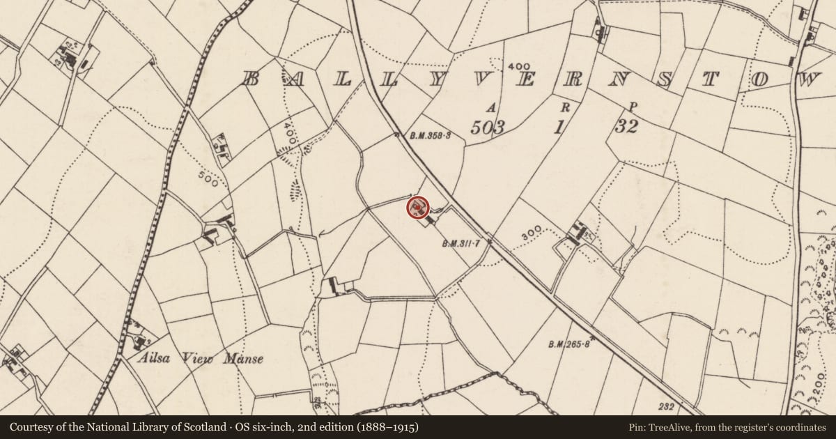 Ordnance Survey six-inch map, 2nd edition (1888–1915) covering the location of Old house at 15 Ballyvernstown Road, Mid and East Antrim, with a pin at the register's coordinates