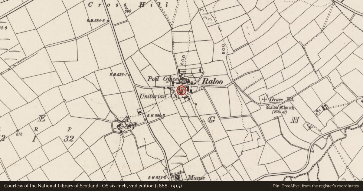 Ordnance Survey six-inch map, 2nd edition (1888–1915) covering the location of Non-Subscribing Presbyterian Church, Tureagh, Mid and East Antrim, with a pin at the register's coordinates