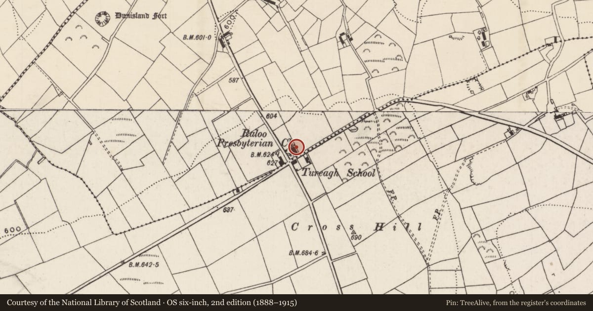 Ordnance Survey six-inch map, 2nd edition (1888–1915) covering the location of Raloo Presbyterian Church, Altilevelly, Mid and East Antrim, with a pin at the register's coordinates