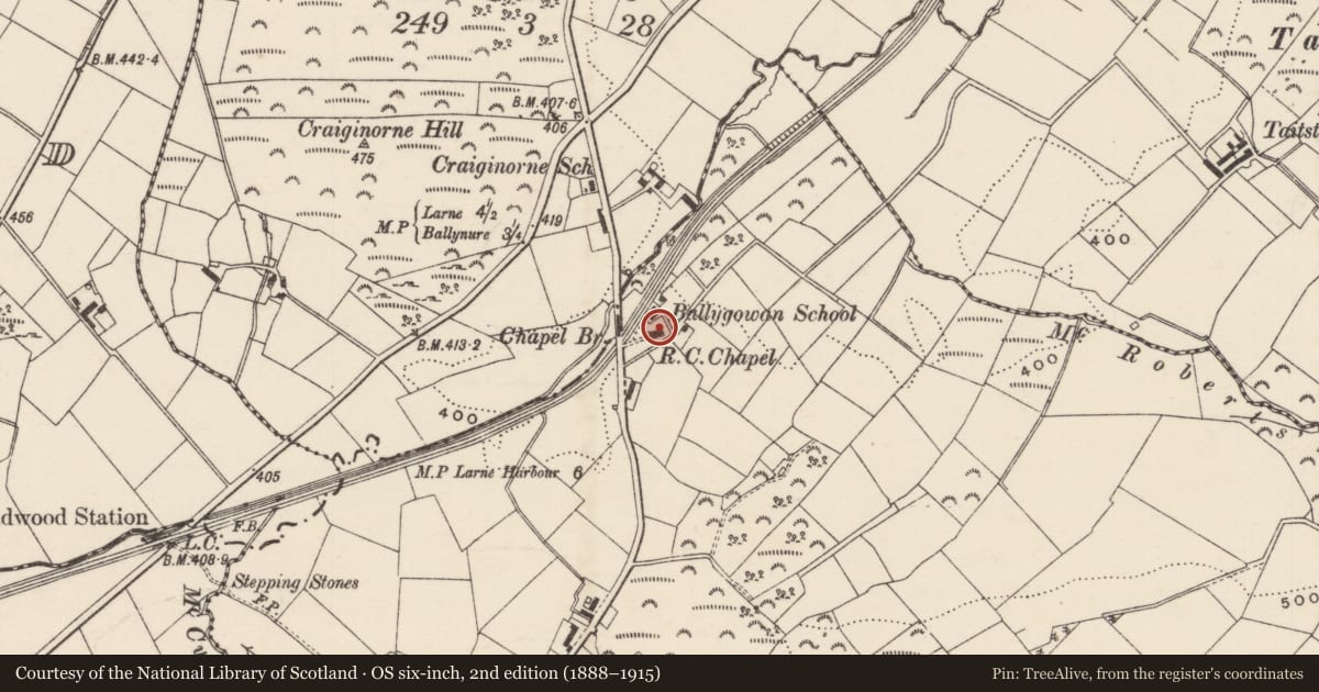 Ordnance Survey six-inch map, 2nd edition (1888–1915) covering the location of Holy Family RC Church, Ballygowan, Mid and East Antrim, with a pin at the register's coordinates