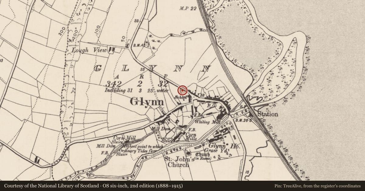 Ordnance Survey six-inch map, 2nd edition (1888–1915) covering the location of Glynn Village Hall, Mid and East Antrim, with a pin at the register's coordinates