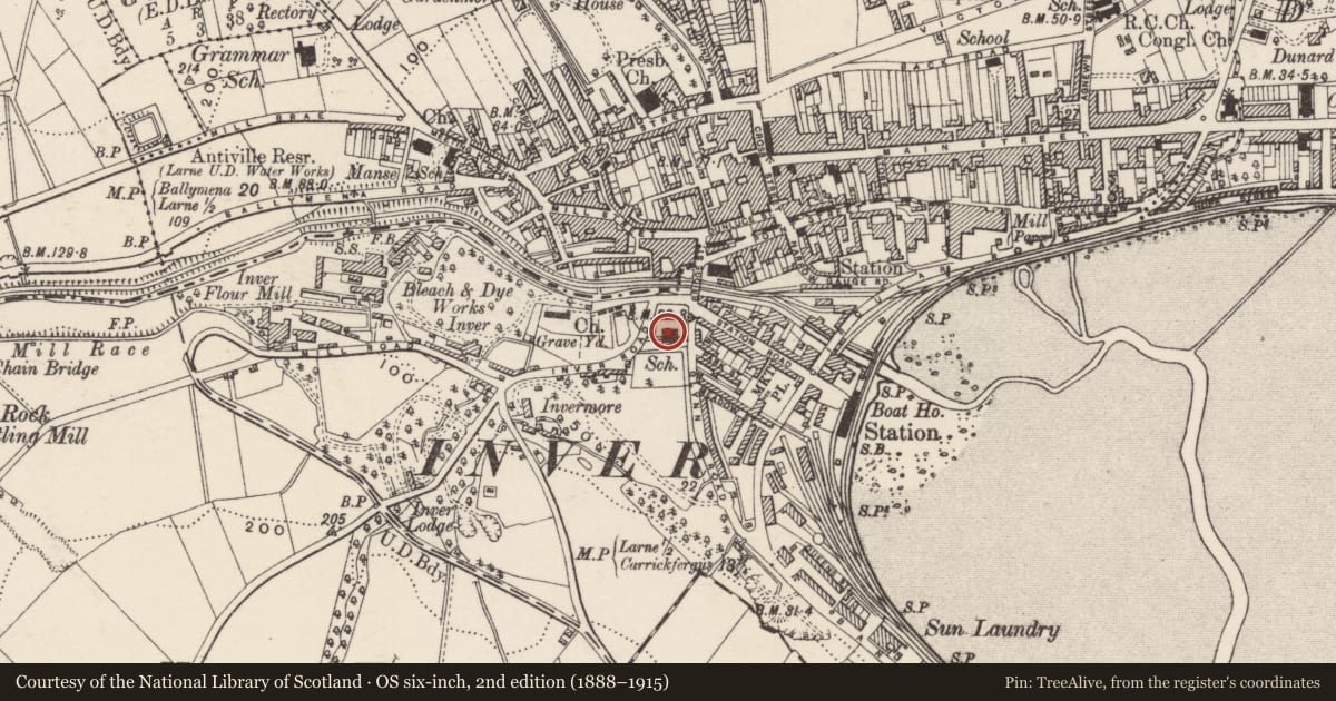 Ordnance Survey six-inch map, 2nd edition (1888–1915) covering the location of Larne and Inver Primary School, None, Mid and East Antrim, with a pin at the register's coordinates