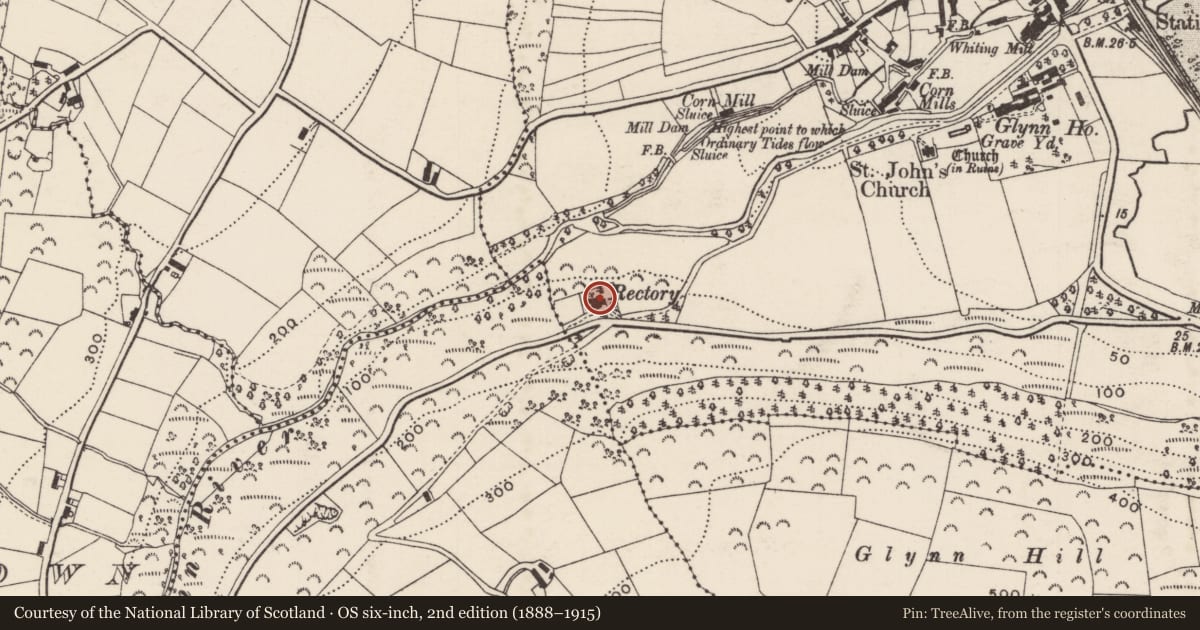 Ordnance Survey six-inch map, 2nd edition (1888–1915) covering the location of 15 Rectory Road, Glynn, Mid and East Antrim, with a pin at the register's coordinates