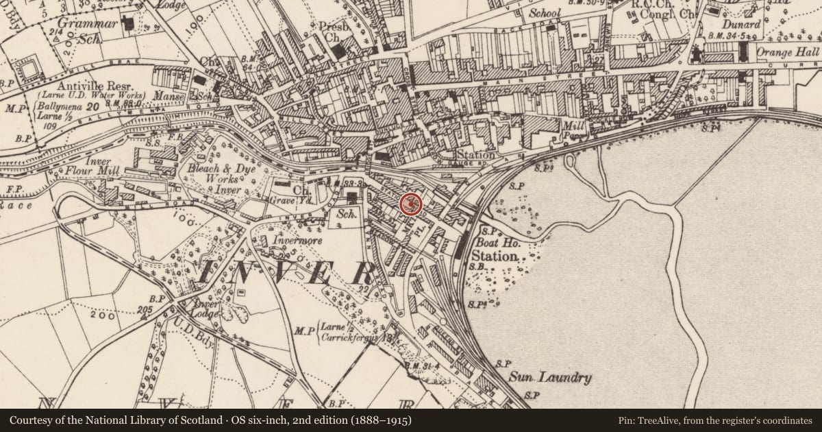 Ordnance Survey six-inch map, 2nd edition (1888–1915) covering the location of The Manchester Bar, None, Mid and East Antrim, with a pin at the register's coordinates