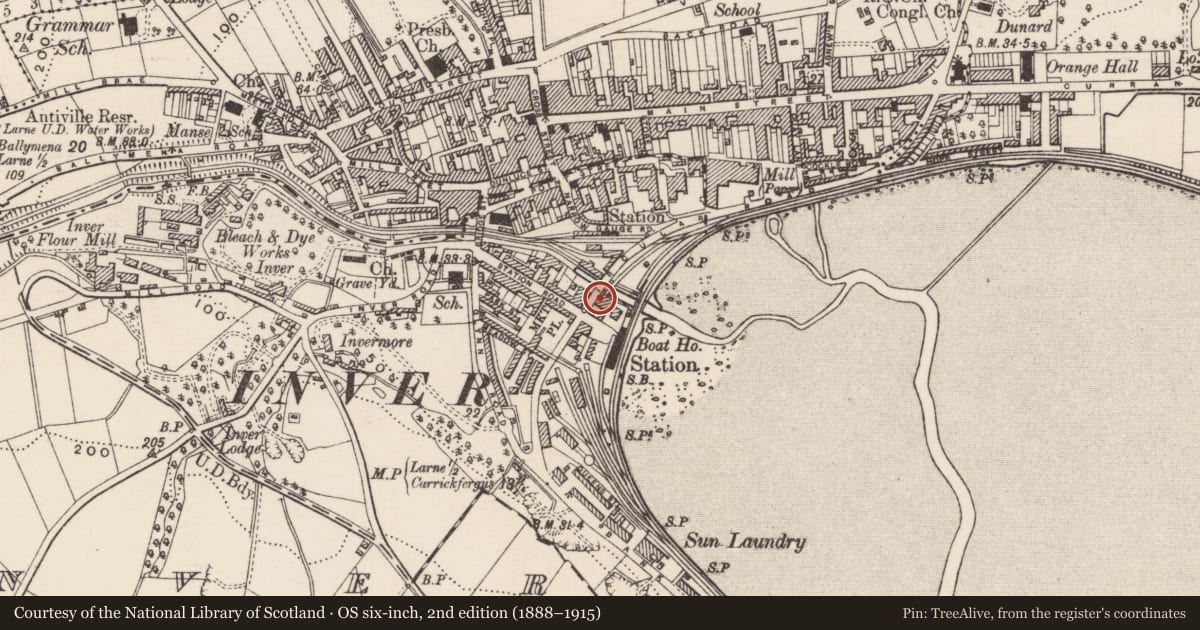 Ordnance Survey six-inch map, 2nd edition (1888–1915) covering the location of Former garage, Inver, Mid and East Antrim, with a pin at the register's coordinates