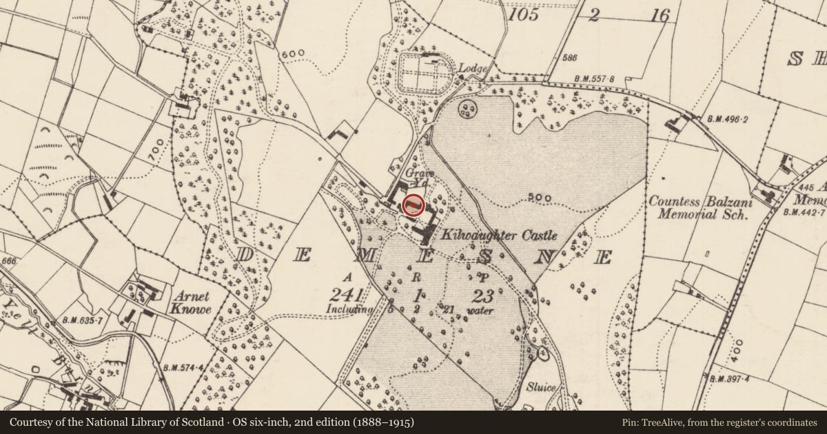 Ordnance Survey six-inch map, 2nd edition (1888–1915) covering the location of Farm buildings at Kilwaughter Castle, Demesne, Mid and East Antrim, with a pin at the register's coordinates