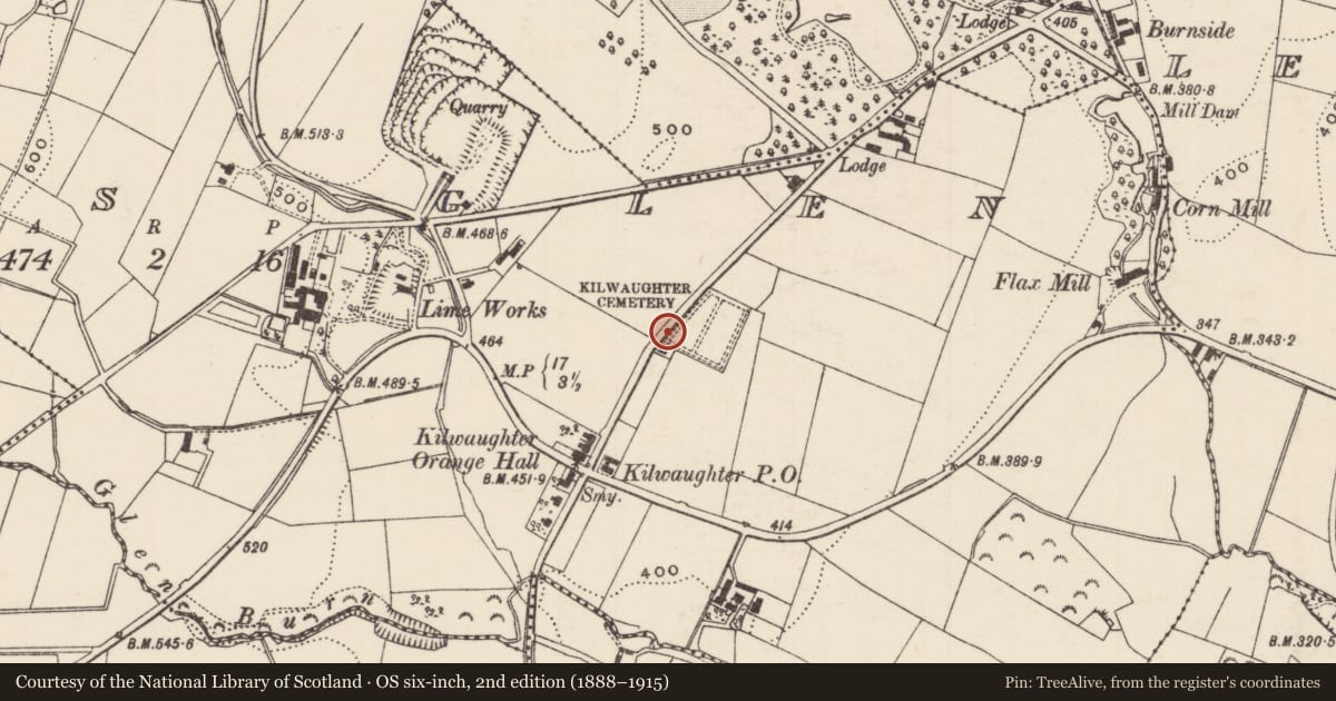 Ordnance Survey six-inch map, 2nd edition (1888–1915) covering the location of Kilwaughter Cemetery, Rory's Glen, Mid and East Antrim, with a pin at the register's coordinates