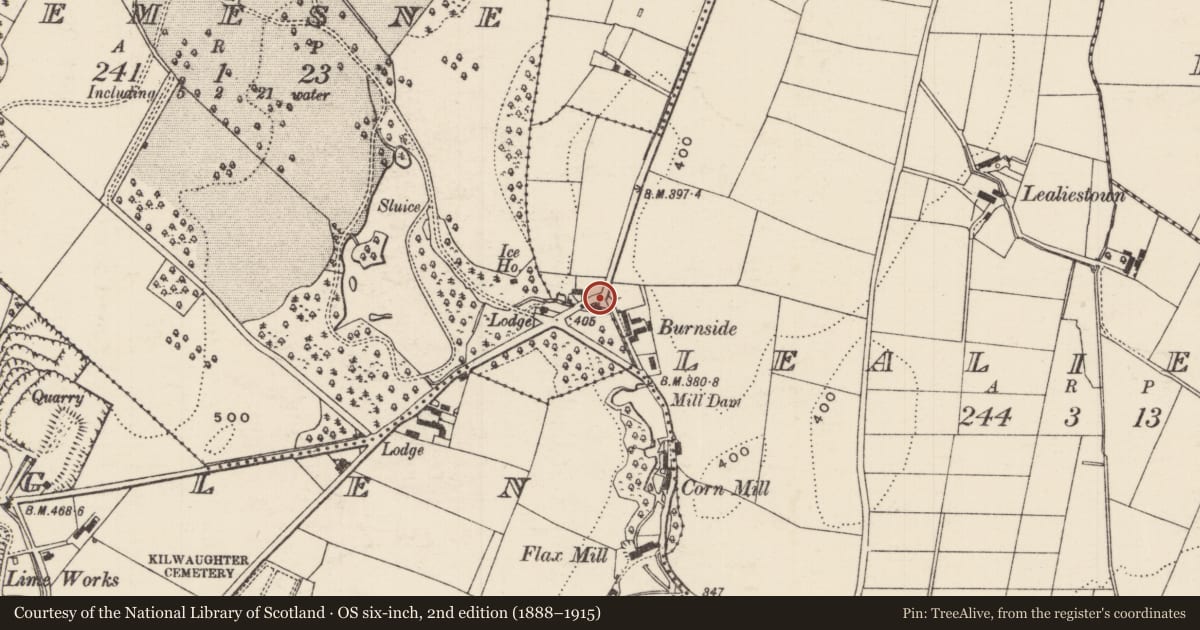 Ordnance Survey six-inch map, 2nd edition (1888–1915) covering the location of Former Kilwaughter Female National School, Lealies, Mid and East Antrim, with a pin at the register's coordinates