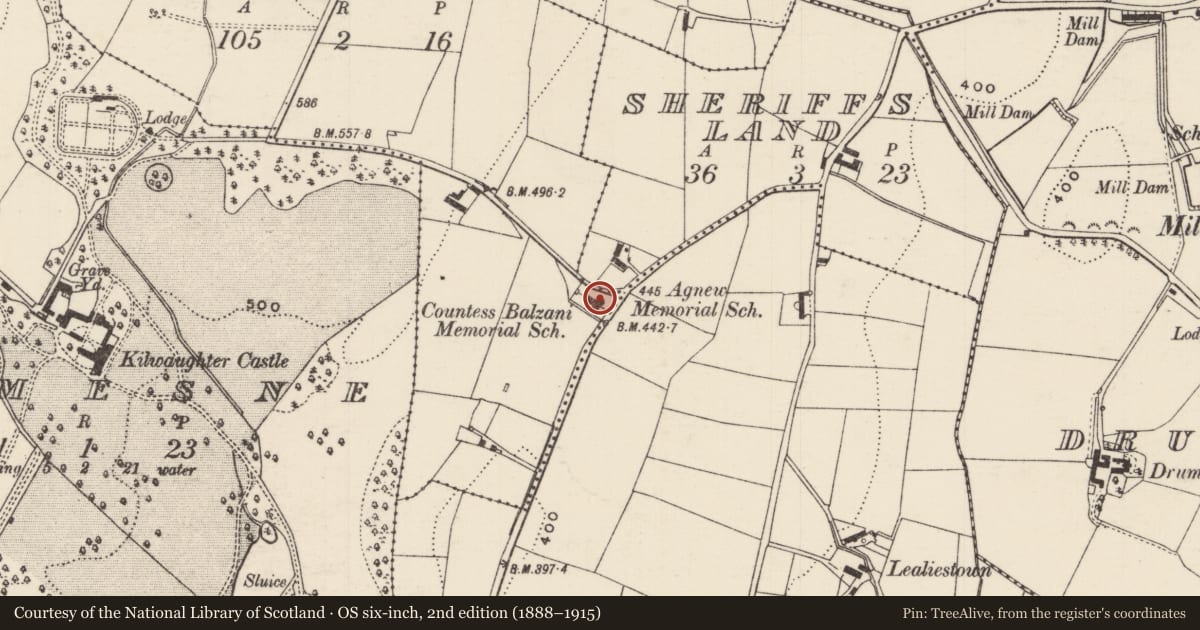 Ordnance Survey six-inch map, 2nd edition (1888–1915) covering the location of 112 and 112A Deerpark Road, Drumnadonaghy, Mid and East Antrim, with a pin at the register's coordinates