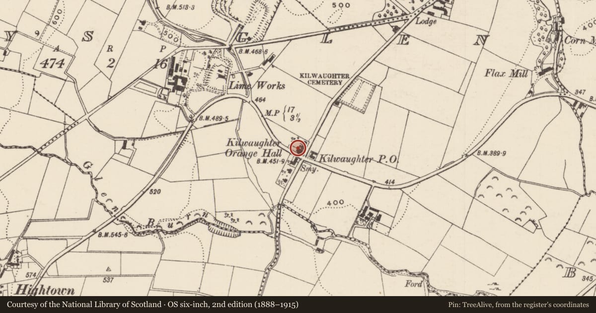 Ordnance Survey six-inch map, 2nd edition (1888–1915) covering the location of Kilwaughter Orange Hall, Rory’s Glen, Mid and East Antrim, with a pin at the register's coordinates