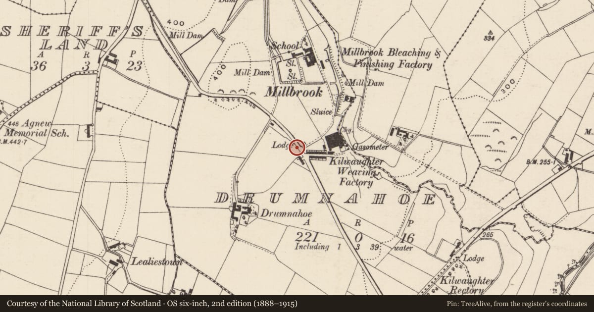 Ordnance Survey six-inch map, 2nd edition (1888–1915) covering the location of Millbrook Primary School, Drumnahoe, Mid and East Antrim, with a pin at the register's coordinates