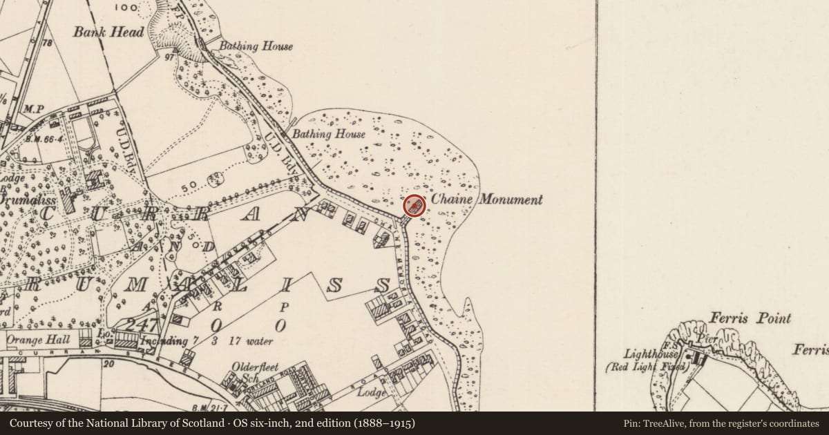 Ordnance Survey six-inch map, 2nd edition (1888–1915) covering the location of Chaine Memorial, None, Mid and East Antrim, with a pin at the register's coordinates