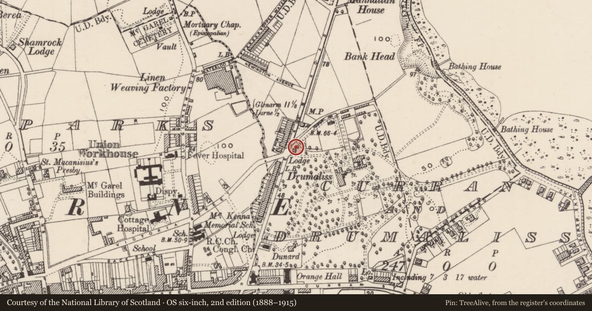 Ordnance Survey six-inch map, 2nd edition (1888–1915) covering the location of Front gate lodge to Drumalis Retreat Centre, None, Mid and East Antrim, with a pin at the register's coordinates