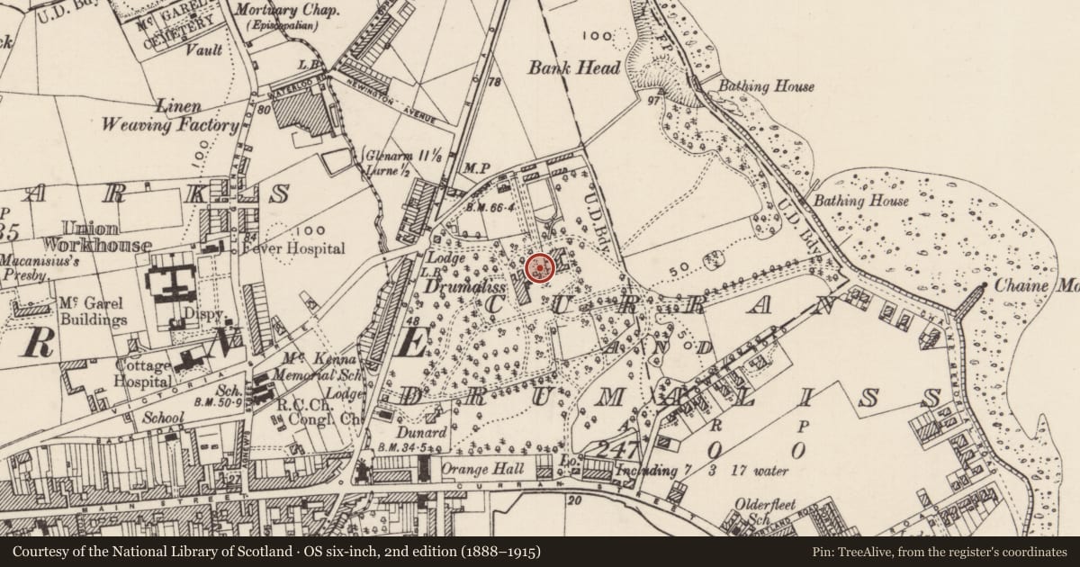 Ordnance Survey six-inch map, 2nd edition (1888–1915) covering the location of Drumalis Retreat Centre, None, Mid and East Antrim, with a pin at the register's coordinates