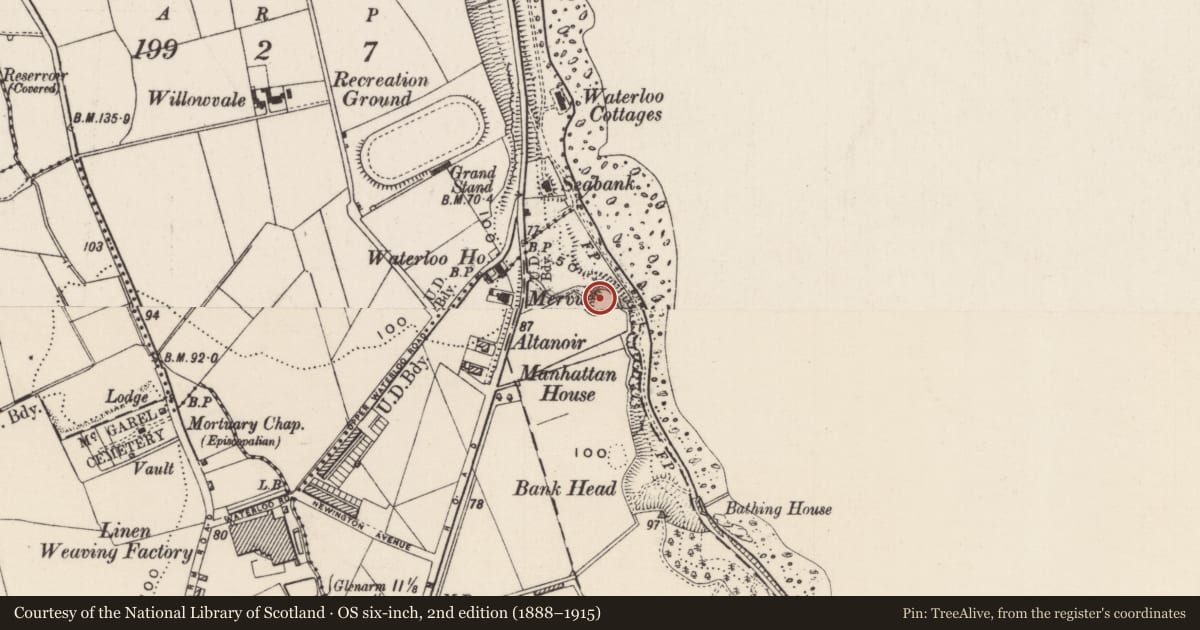 Ordnance Survey six-inch map, 2nd edition (1888–1915) covering the location of Burial Ground, None, Mid and East Antrim, with a pin at the register's coordinates