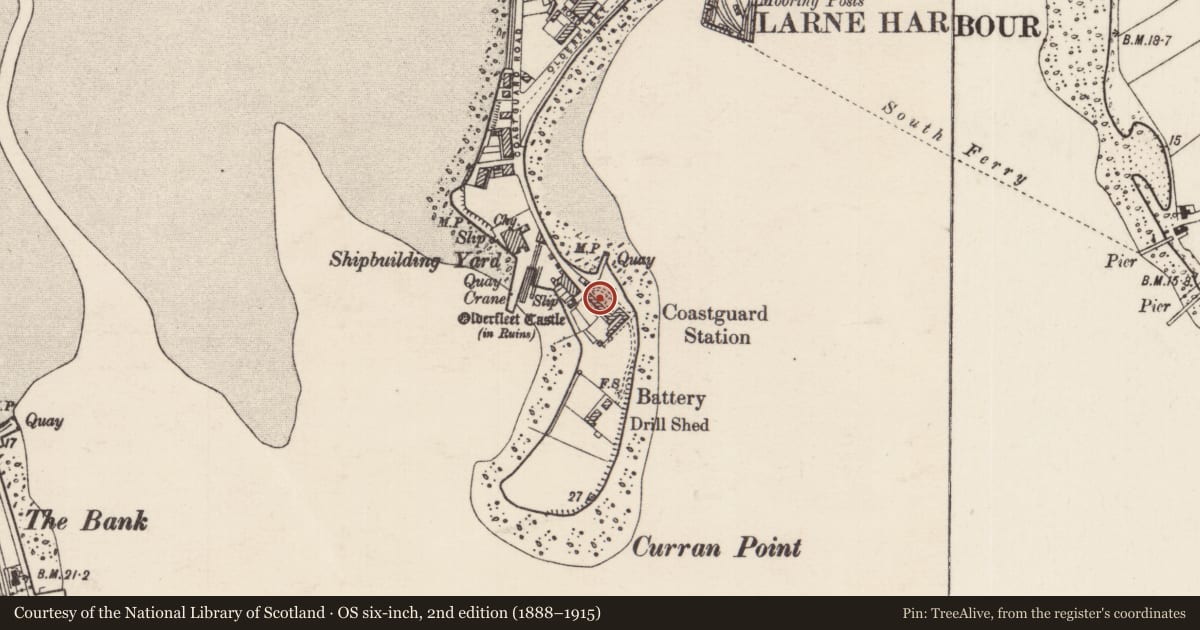Ordnance Survey six-inch map, 2nd edition (1888–1915) covering the location of 59-65 Coastguard Road, None, Mid and East Antrim, with a pin at the register's coordinates