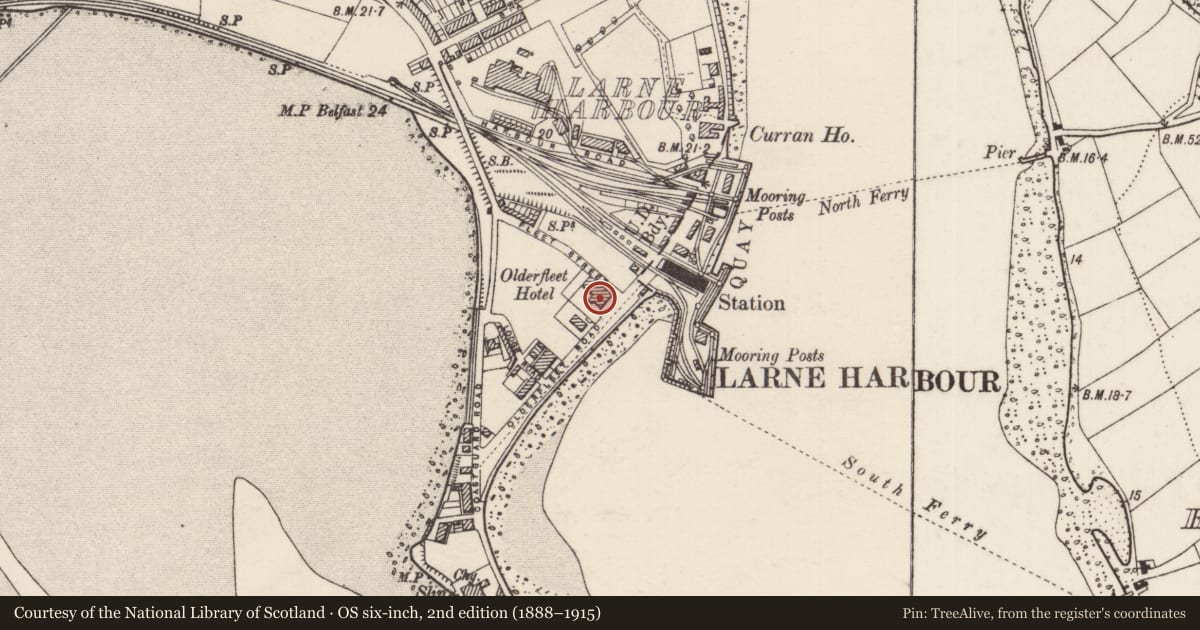 Ordnance Survey six-inch map, 2nd edition (1888–1915) covering the location of Olderfleet Hotel, None, Mid and East Antrim, with a pin at the register's coordinates