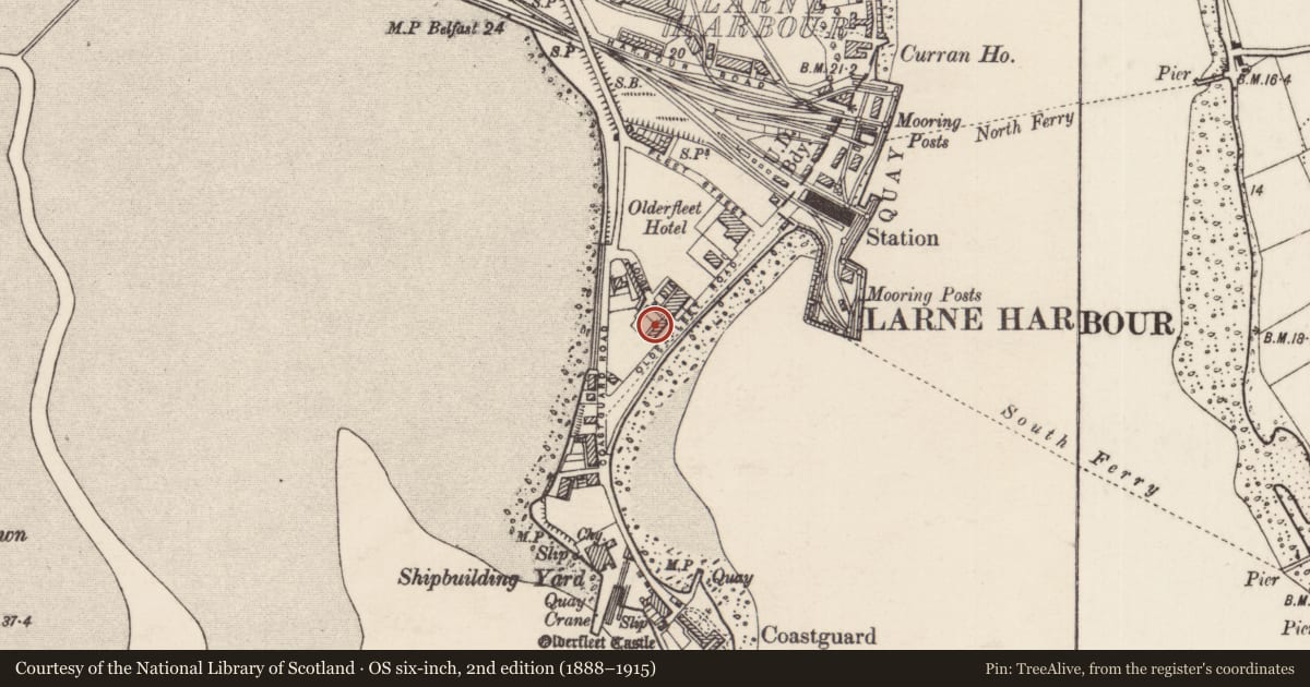 Ordnance Survey six-inch map, 2nd edition (1888–1915) covering the location of 27-35 Olderfleet Road, None, Mid and East Antrim, with a pin at the register's coordinates