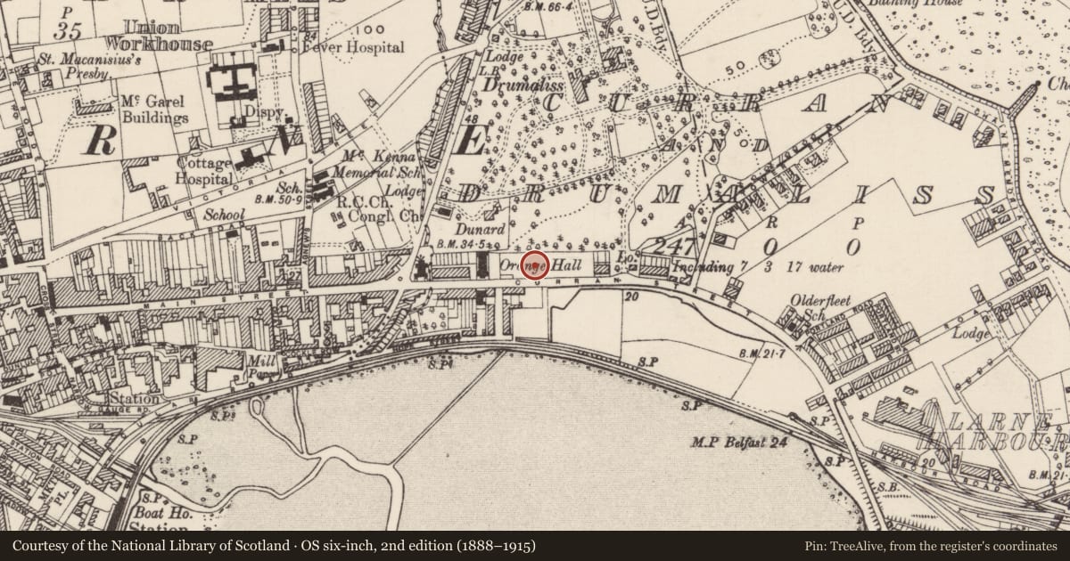 Ordnance Survey six-inch map, 2nd edition (1888–1915) covering the location of Larne and Inver Parish Church Hall, None, Mid and East Antrim, with a pin at the register's coordinates
