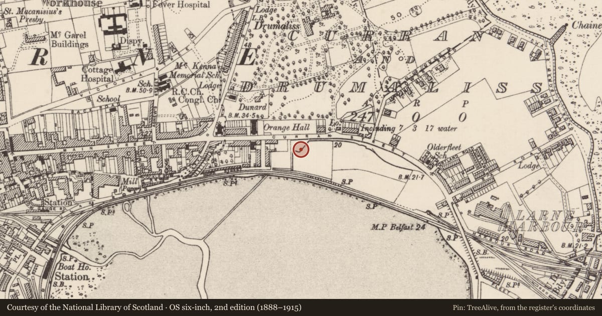 Ordnance Survey six-inch map, 2nd edition (1888–1915) covering the location of Congregational Church, None, Mid and East Antrim, with a pin at the register's coordinates