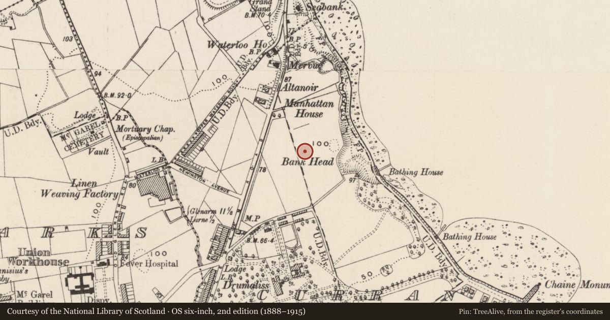 Ordnance Survey six-inch map, 2nd edition (1888–1915) covering the location of Bandstand in Town Park, None, Mid and East Antrim, with a pin at the register's coordinates