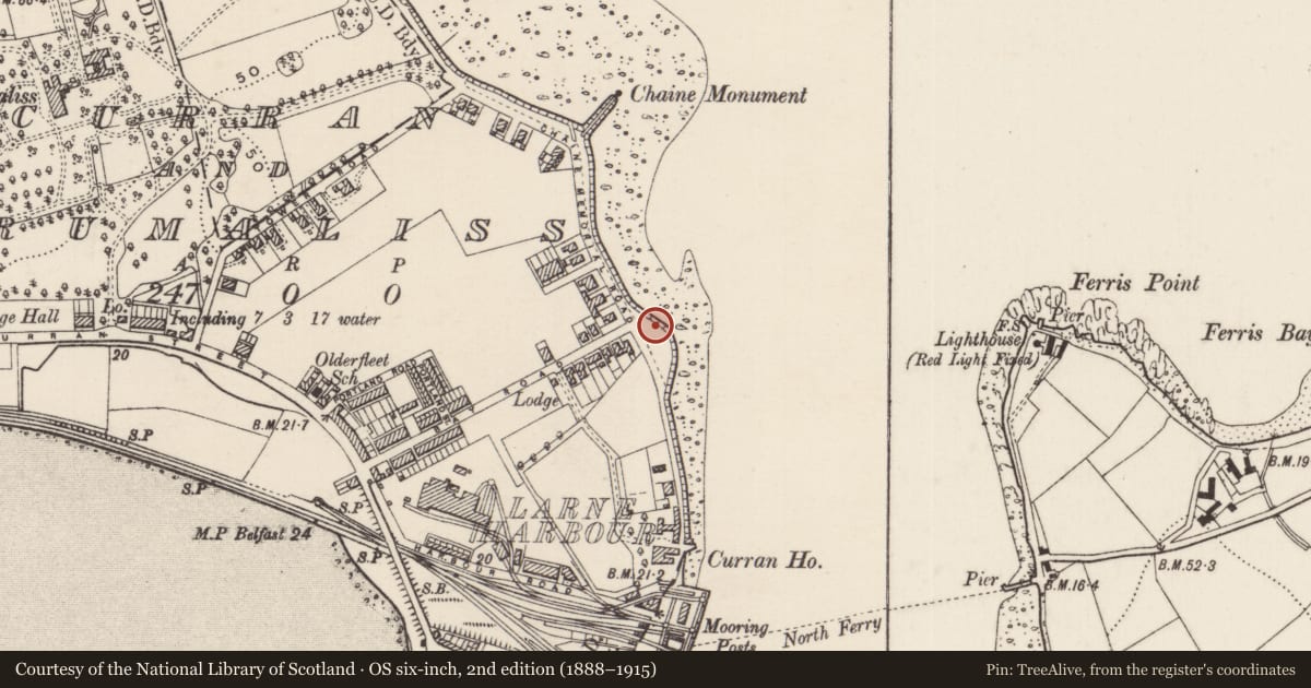 Ordnance Survey six-inch map, 2nd edition (1888–1915) covering the location of Princess Victoria Memorial, None, Mid and East Antrim, with a pin at the register's coordinates