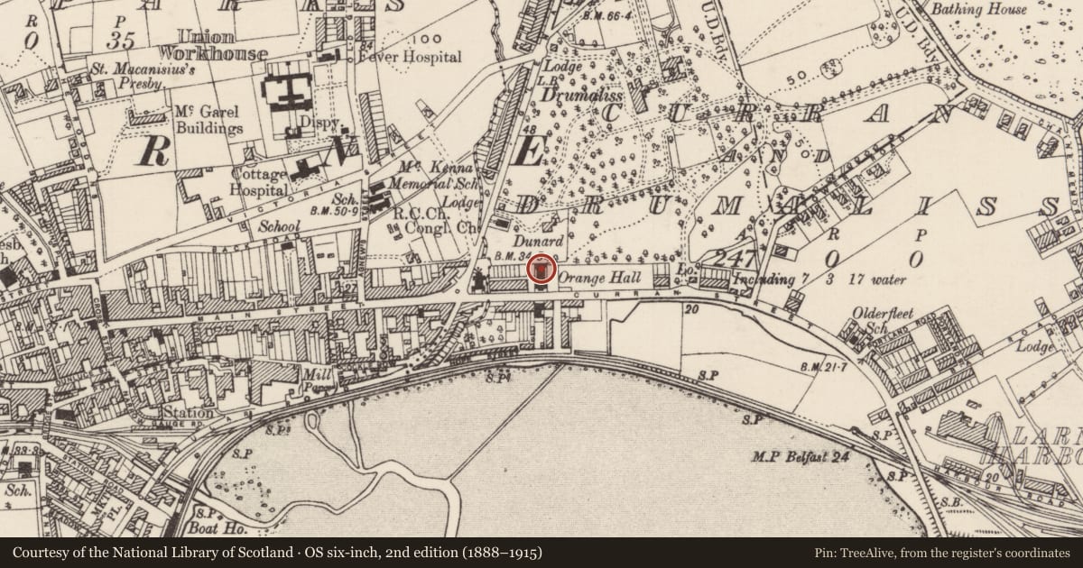 Ordnance Survey six-inch map, 2nd edition (1888–1915) covering the location of Victoria Orange Hall, None, Mid and East Antrim, with a pin at the register's coordinates