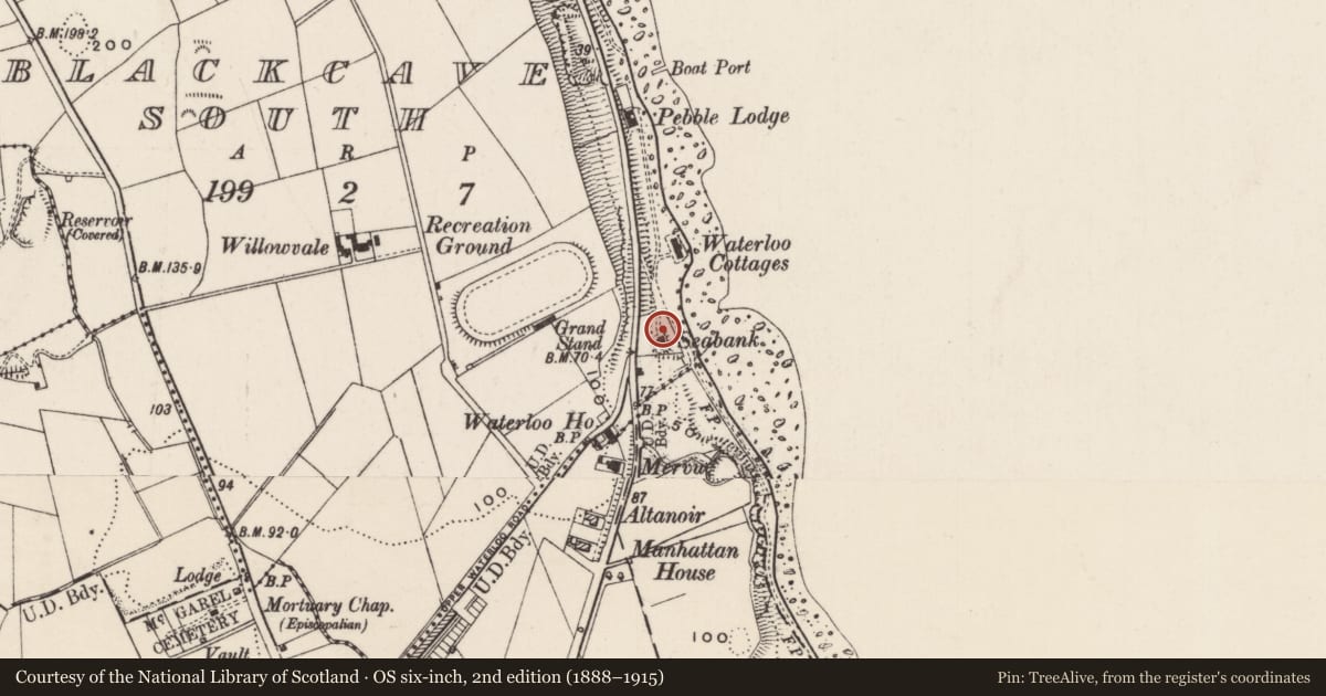 Ordnance Survey six-inch map, 2nd edition (1888–1915) covering the location of 115 Glenarm Road, Blackcave South, Mid and East Antrim, with a pin at the register's coordinates