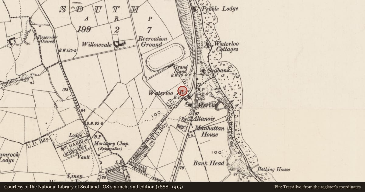 Ordnance Survey six-inch map, 2nd edition (1888–1915) covering the location of 126-136 Upper Waterloo Road, Blackcave South, Mid and East Antrim, with a pin at the register's coordinates