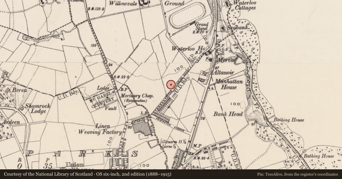 Ordnance Survey six-inch map, 2nd edition (1888–1915) covering the location of 48-70 Upper Waterloo Road, Blackcave South, Mid and East Antrim, with a pin at the register's coordinates