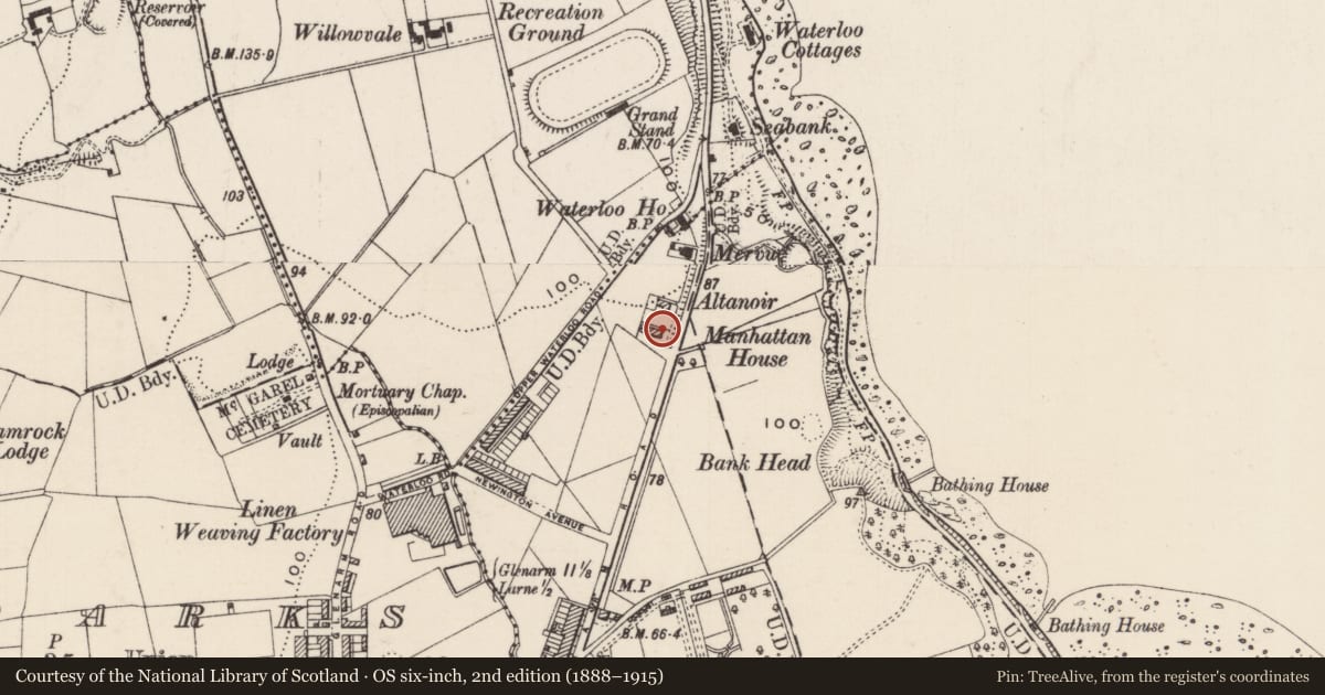Ordnance Survey six-inch map, 2nd edition (1888–1915) covering the location of 'Rathmoyle', Larne Town Parks, Mid and East Antrim, with a pin at the register's coordinates