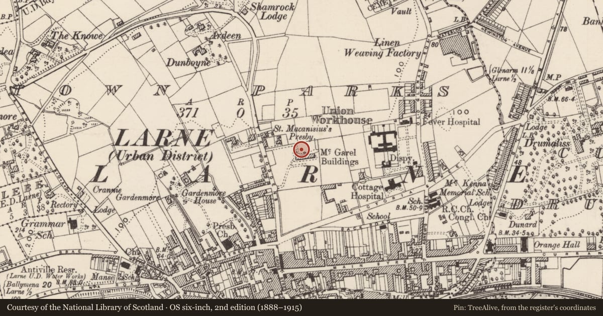 Ordnance Survey six-inch map, 2nd edition (1888–1915) covering the location of McGarel Buildings, Town Parks, Mid and East Antrim, with a pin at the register's coordinates