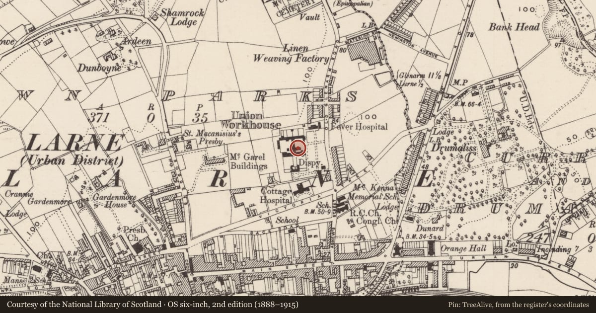 Ordnance Survey six-inch map, 2nd edition (1888–1915) covering the location of Moyle Hospital, Town Parks, Mid and East Antrim, with a pin at the register's coordinates