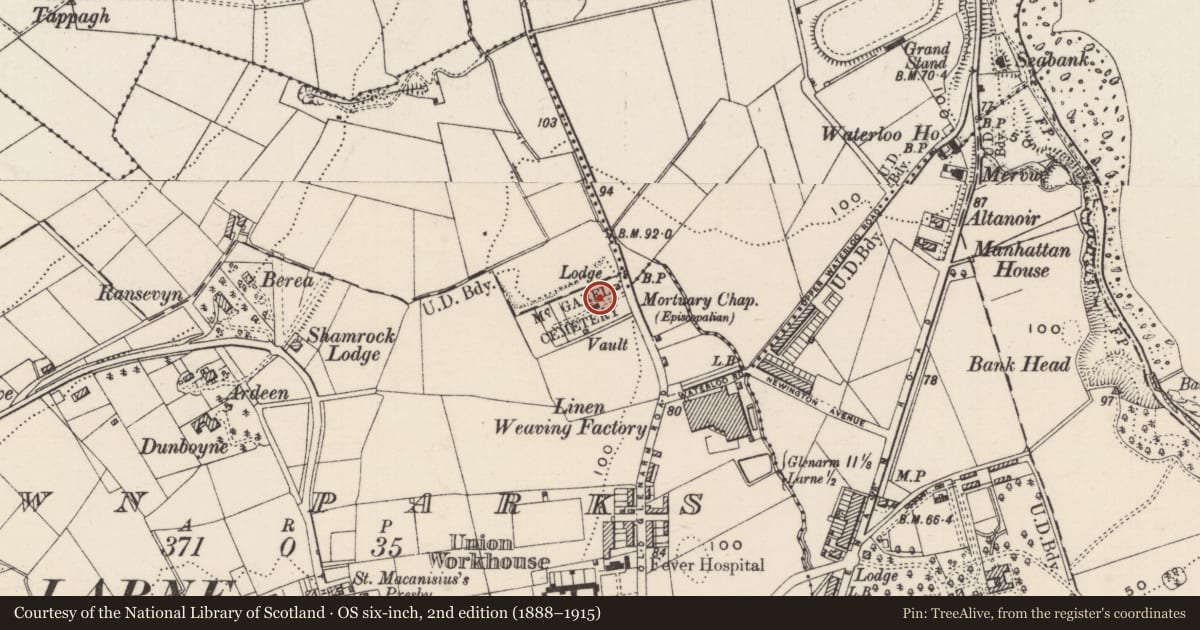Ordnance Survey six-inch map, 2nd edition (1888–1915) covering the location of McGarel Cemetery, Town Parks, Mid and East Antrim, with a pin at the register's coordinates