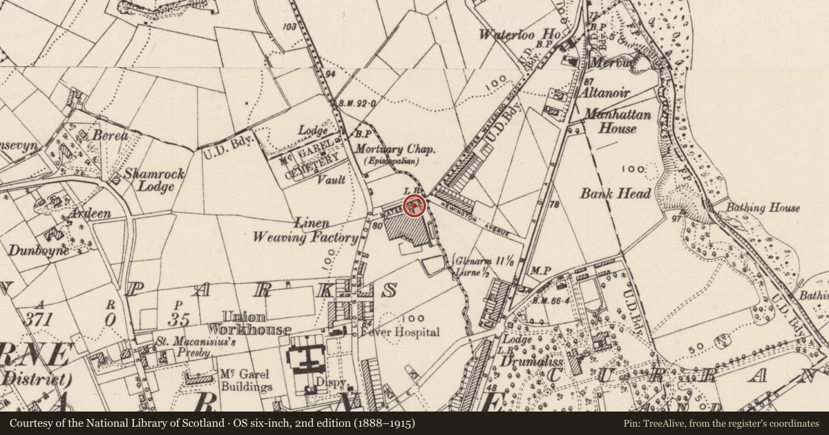 Ordnance Survey six-inch map, 2nd edition (1888–1915) covering the location of Unit 18A, Town Parks, Mid and East Antrim, with a pin at the register's coordinates