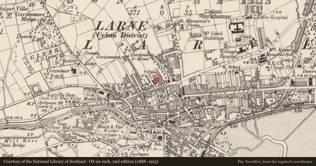 Ordnance Survey six-inch map, 2nd edition (1888–1915) covering the location of Gardenmore Hall, Town Parks, Mid and East Antrim, with a pin at the register's coordinates