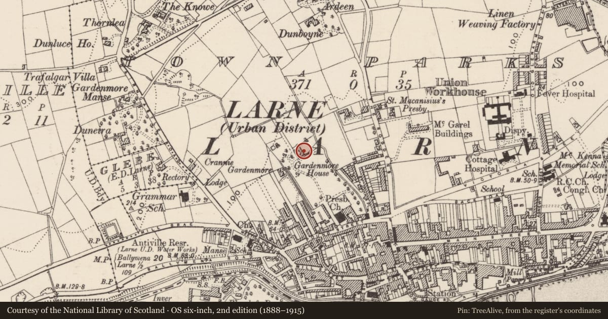 Ordnance Survey six-inch map, 2nd edition (1888–1915) covering the location of Gardenmore House, Town Parks, Mid and East Antrim, with a pin at the register's coordinates