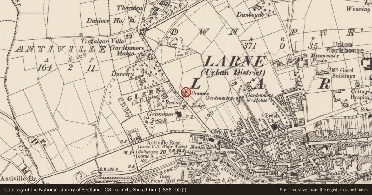 Ordnance Survey six-inch map, 2nd edition (1888–1915) covering the location of Crannie, Town Parks, Mid and East Antrim, with a pin at the register's coordinates