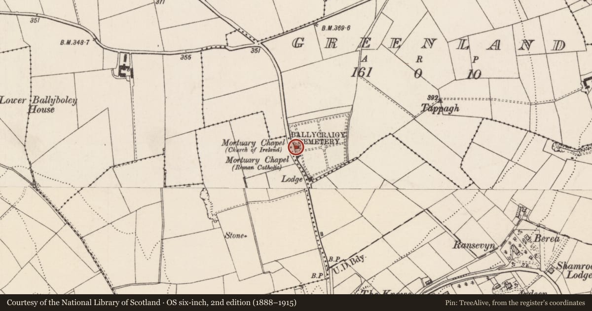 Ordnance Survey six-inch map, 2nd edition (1888–1915) covering the location of Chapels, gates, walls and railings, Greenland, Mid and East Antrim, with a pin at the register's coordinates