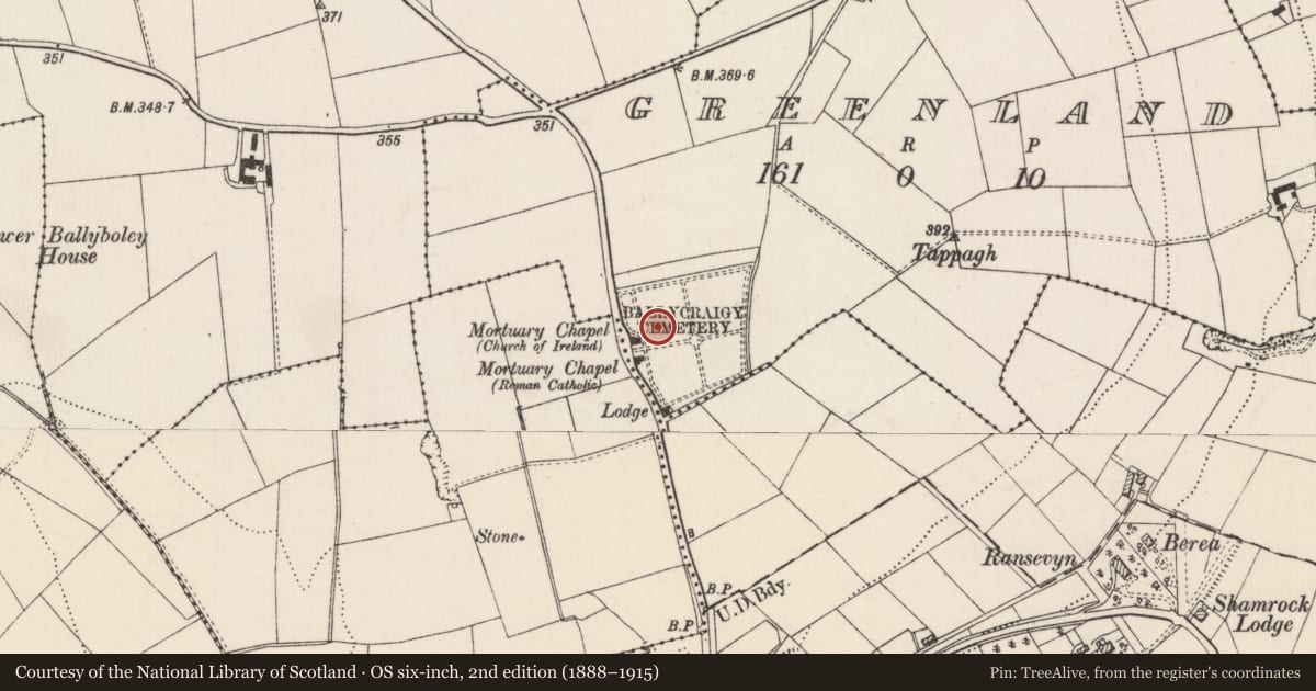 Ordnance Survey six-inch map, 2nd edition (1888–1915) covering the location of Smiley Burial Place, Greenland, Mid and East Antrim, with a pin at the register's coordinates