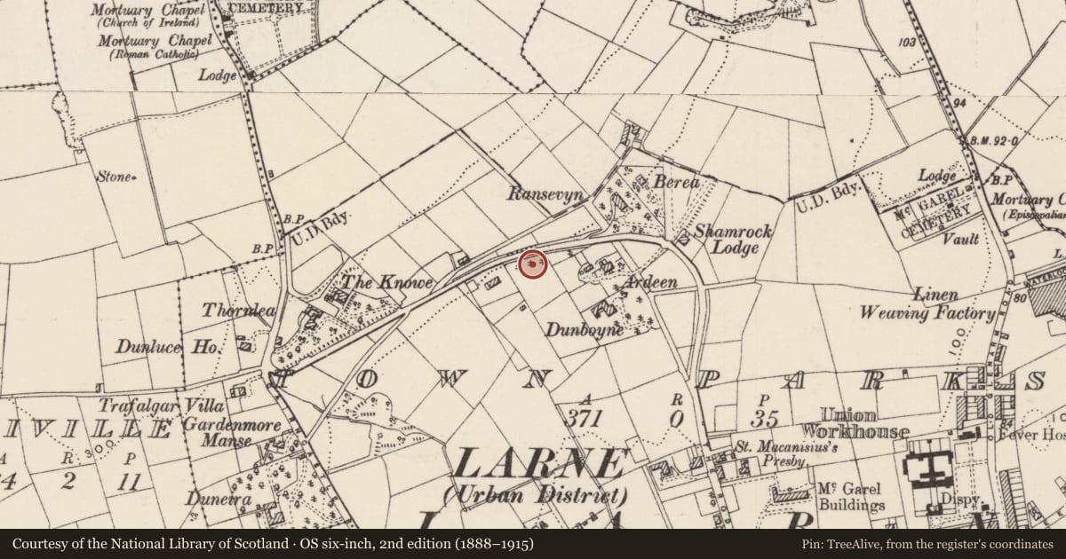Ordnance Survey six-inch map, 2nd edition (1888–1915) covering the location of Lisnamoyle, Town Parks, Mid and East Antrim, with a pin at the register's coordinates