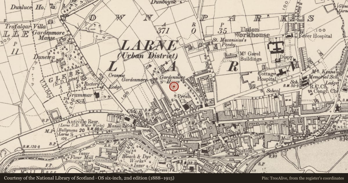 Ordnance Survey six-inch map, 2nd edition (1888–1915) covering the location of Larne College of Further Education, Town Parks, Mid and East Antrim, with a pin at the register's coordinates