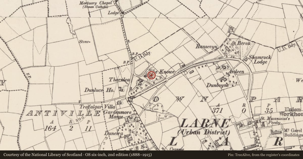 Ordnance Survey six-inch map, 2nd edition (1888–1915) covering the location of Coombe House, Town Parks, Mid and East Antrim, with a pin at the register's coordinates