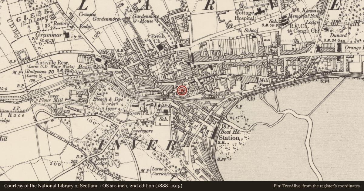 Ordnance Survey six-inch map, 2nd edition (1888–1915) covering the location of Former First Larne Presbyterian Church, Inver, Mid and East Antrim, with a pin at the register's coordinates