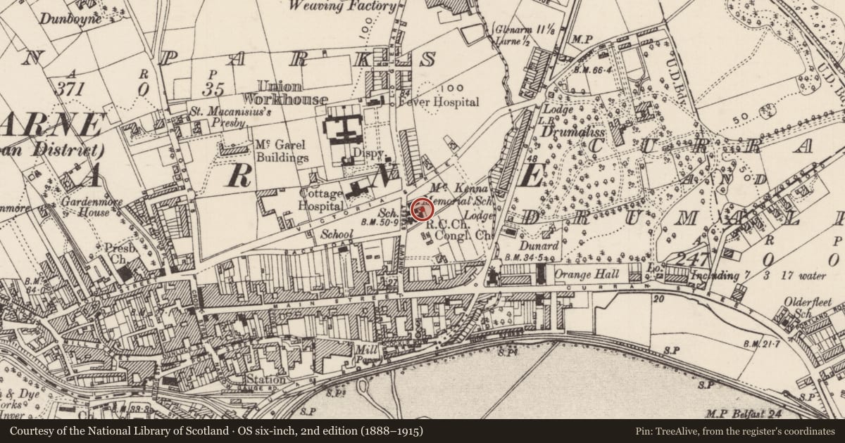 Ordnance Survey six-inch map, 2nd edition (1888–1915) covering the location of St MacNissi’s RC Church, Town Parks, Mid and East Antrim, with a pin at the register's coordinates